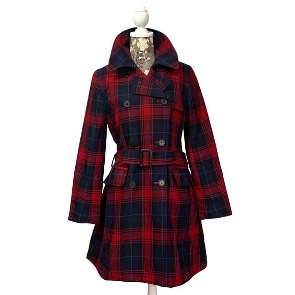 American Living Red Plaid Belted Double Breasted Trench Coat Womens SZ M - Picture 1 of 12